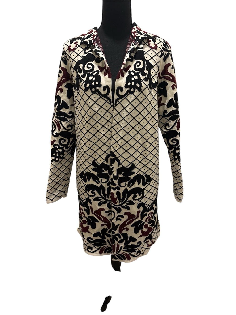 Chico's Ivory Long-Sleeve with Black and Burgundy Pattern
